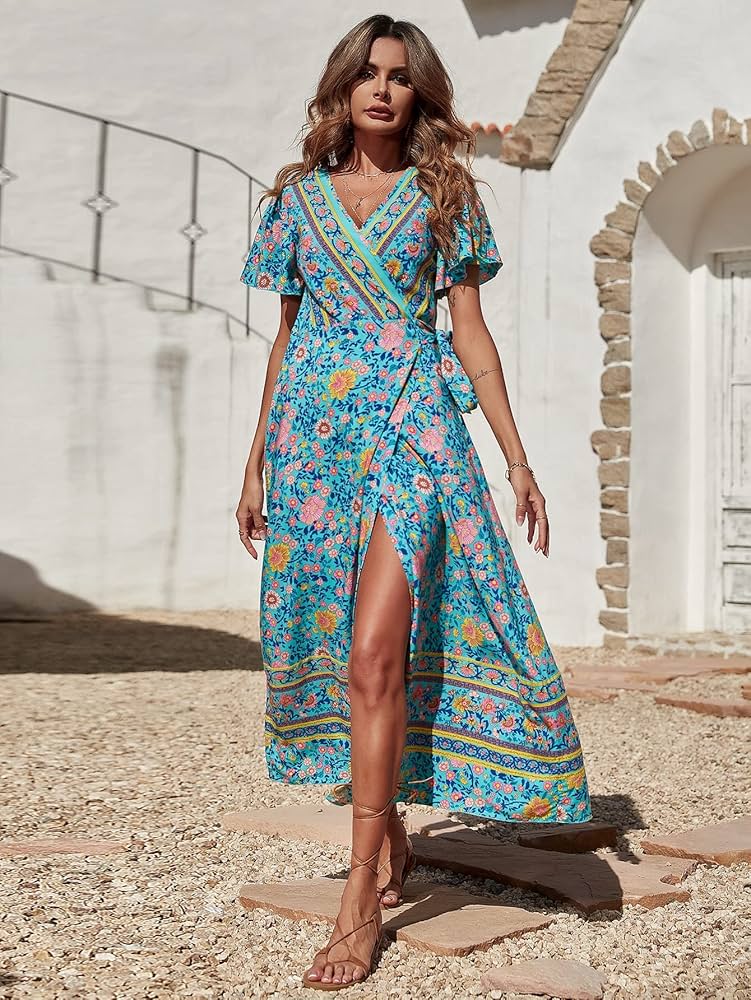 Amazon.com: Women's Dresses Floral Print Wrap Tie Side